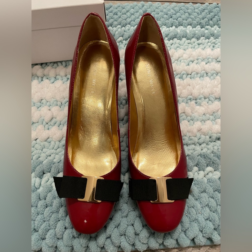 Red Nine West Patent Leather Heels with Bow Accent